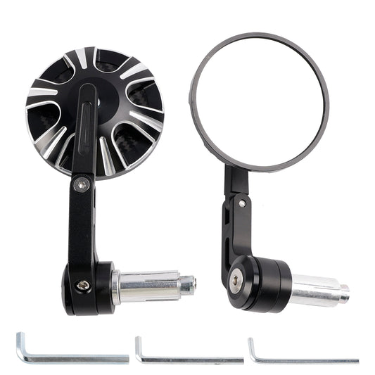 CNC Aluminium Carbon Black 3" Round Bar End Mirror Set 7/8" 1" Universal Fit