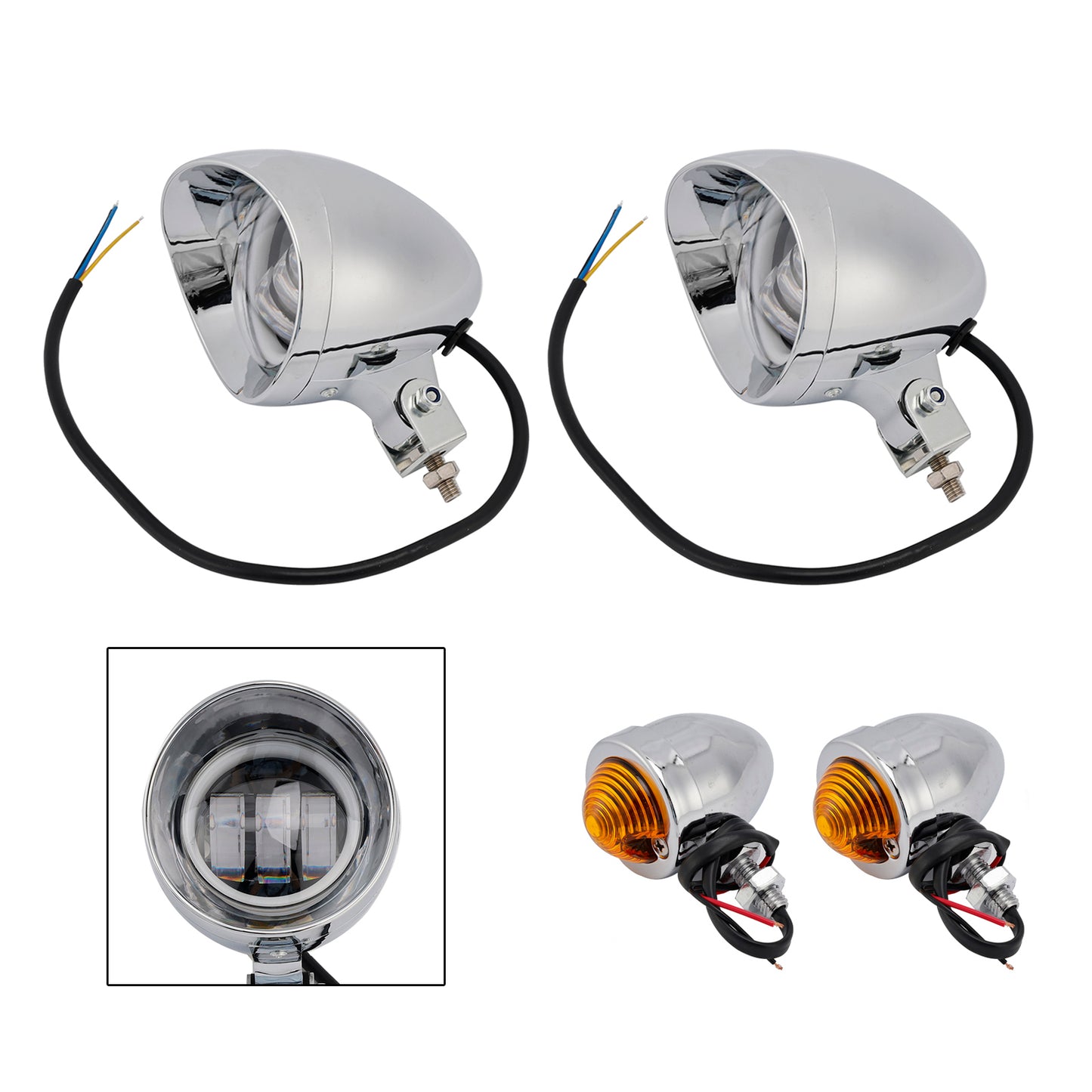 Motorcycle Beam Headlight Fog Lamp Custom Chrome Fits For Racer Bobber Chopper