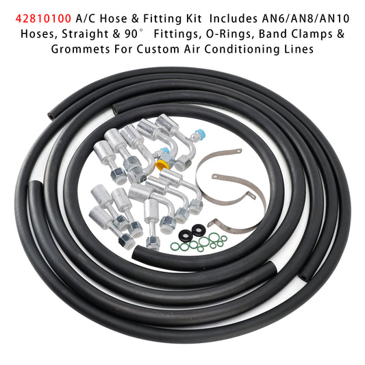 Custom Air Conditioning Lines 42810100 A/C Hose & Fitting Kit Includes AN6/AN8/AN10 Hoses, Straight & 90Degree Fittings O-Rings, Band Clamps & Grommets