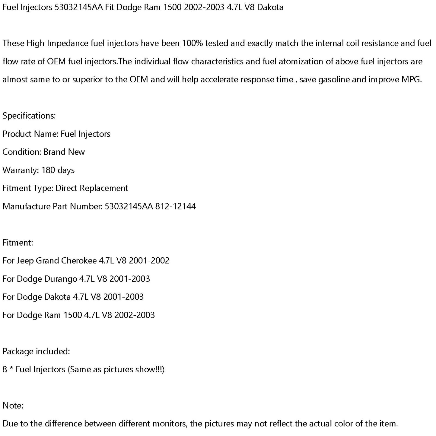 2001-2002 Grand Cherokee 4.7L V8 8PCS Fuel Injectors 53032145AA 812-12144