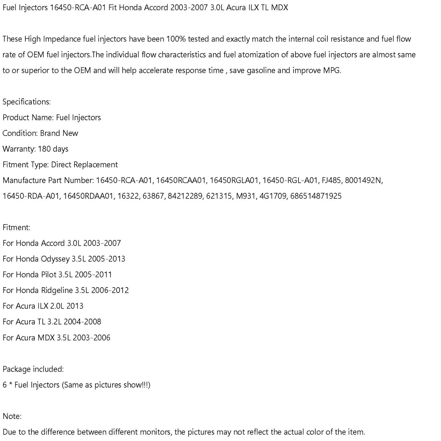 6PCS Fuel Injectors 16450-RCA-A01 Fit 2005-2011 Honda Pilot 3.5L