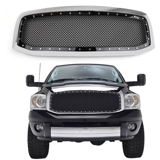 Dodge Ram 1500 2500 3500 2006-2008 Mesh Rivet Grill Replacement Front Hood Black / Chrome Grille
