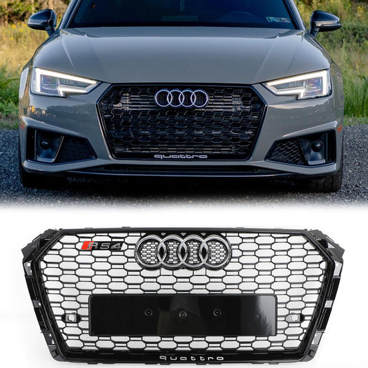 2016-2019 Audi A4 / A4 S-Line / S4 B9 RS4 Style Honeycomb Mesh Grill Front Bumper Gloss Black Grille With Silver Emblem