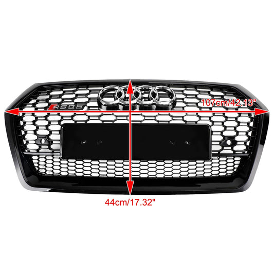 RSQ5 Style Honeycomb Grille For Audi Q5 / Q5 Sline / SQ5 2018-2020 Front Bumper Glossy Black Replacement Grill W/ Ring Emblem