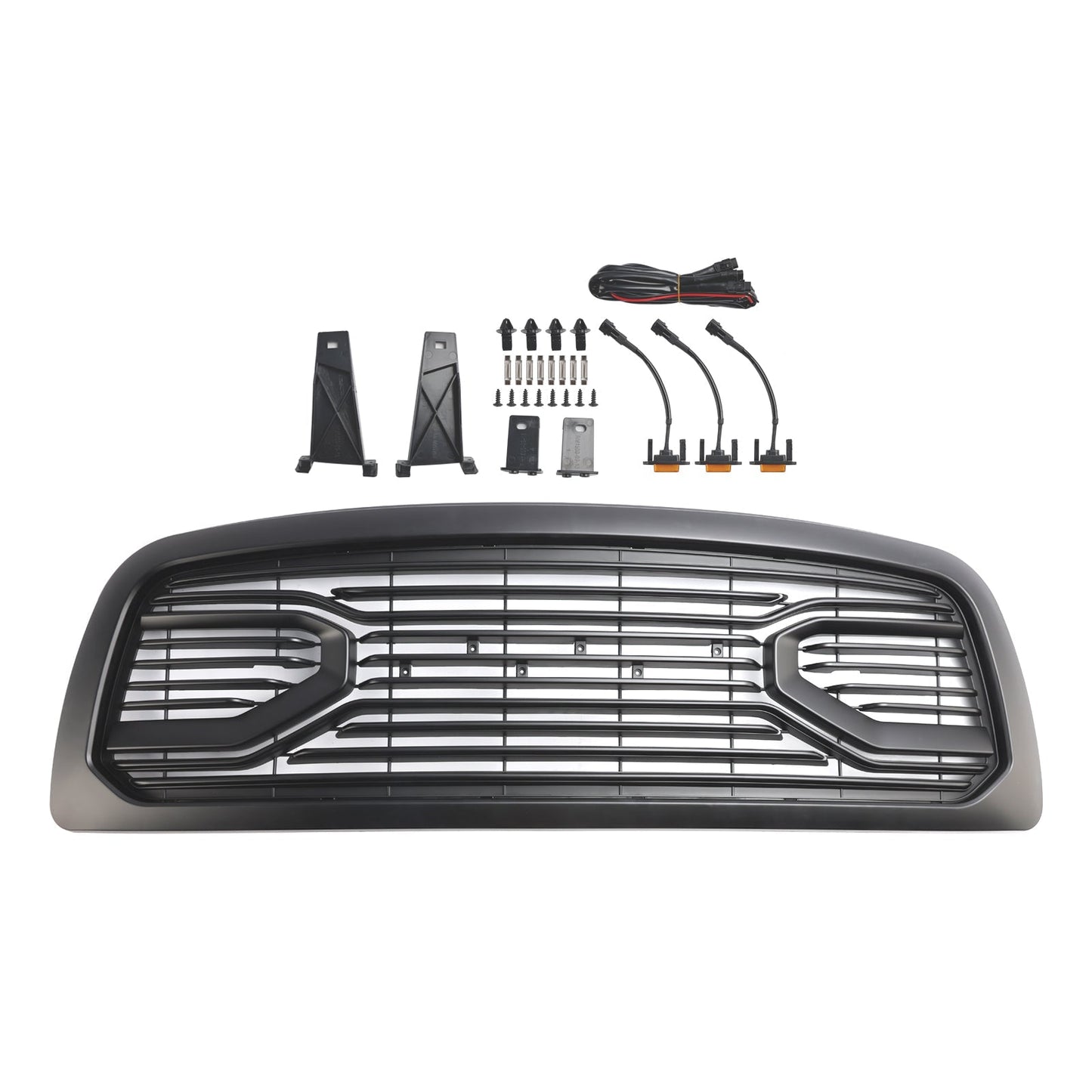 2009-2012 Dodge Ram 1500 Big Horn Style Front Bumper Grill Matte Black Replacement Grille W/ LED Lights