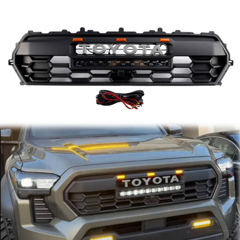 TRD PRO Style | Toyota Tacoma | 2024-2025 | Matt Black Grill | Front Bumper Replcement Grille With Light Bar & LED W/ Letter