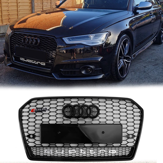 Audi A6 / A6 Sline / S6 C7 Honeycomb Front Grill 2015-2018 RS Style Air Intake Radiator Grille W/ Black Ring Emblem