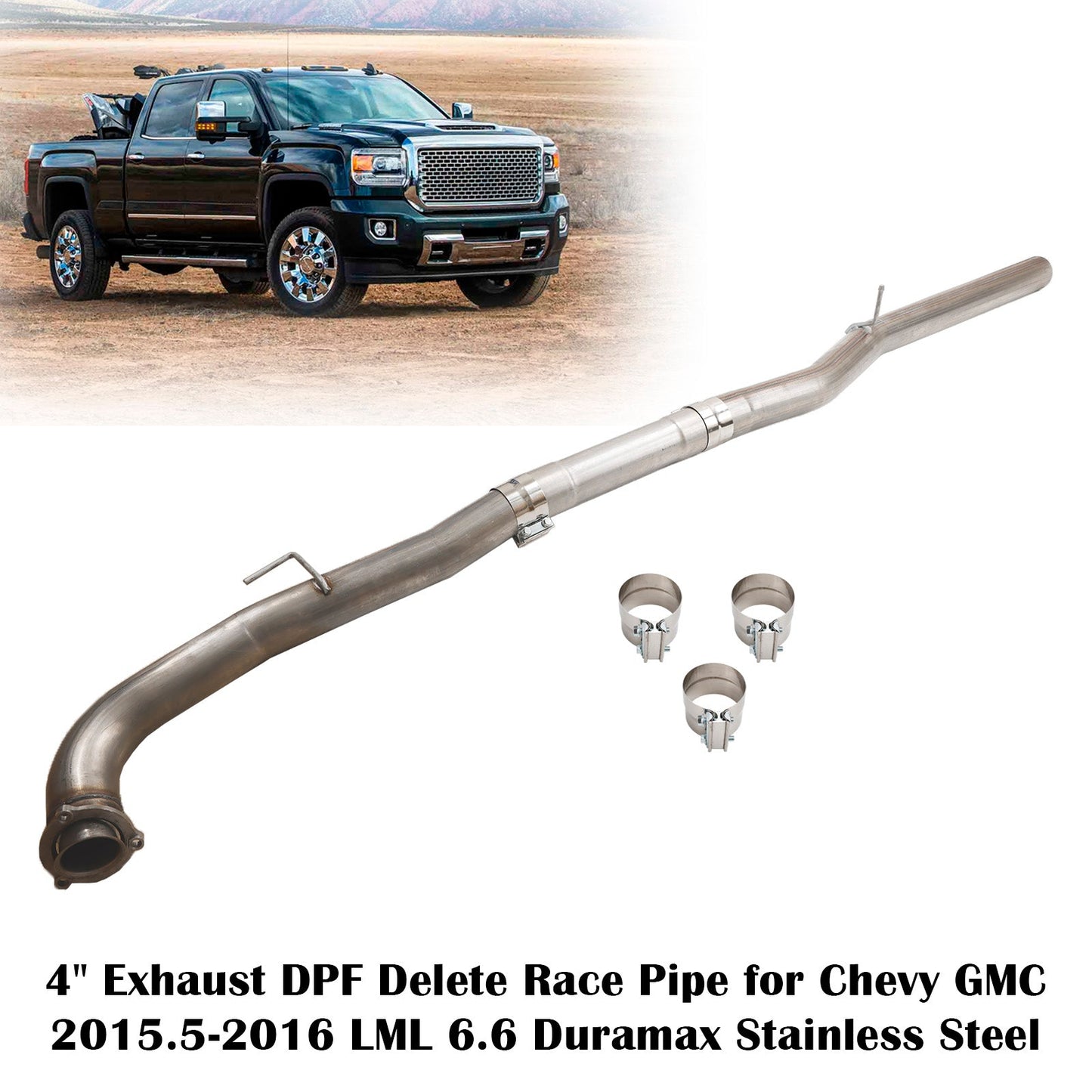 2015.5-2016 Chevy GMC LML 6.6 Duramax Stainless Steel 4" Exhaust DPF Delete Race Pipe