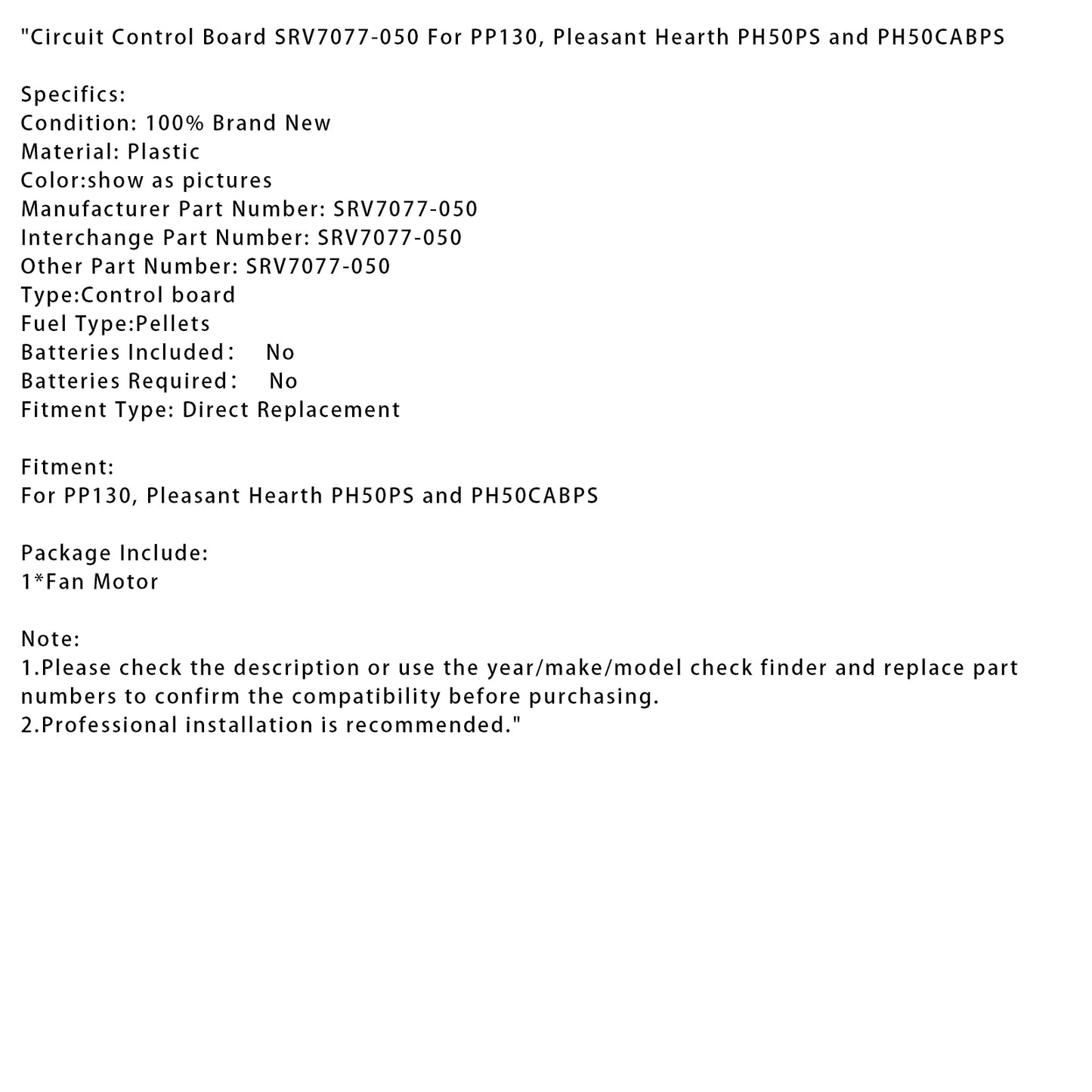 Circuit Control Board SRV7077-050 For PP130, Pleasant Hearth PH50PS and PH50CABPS