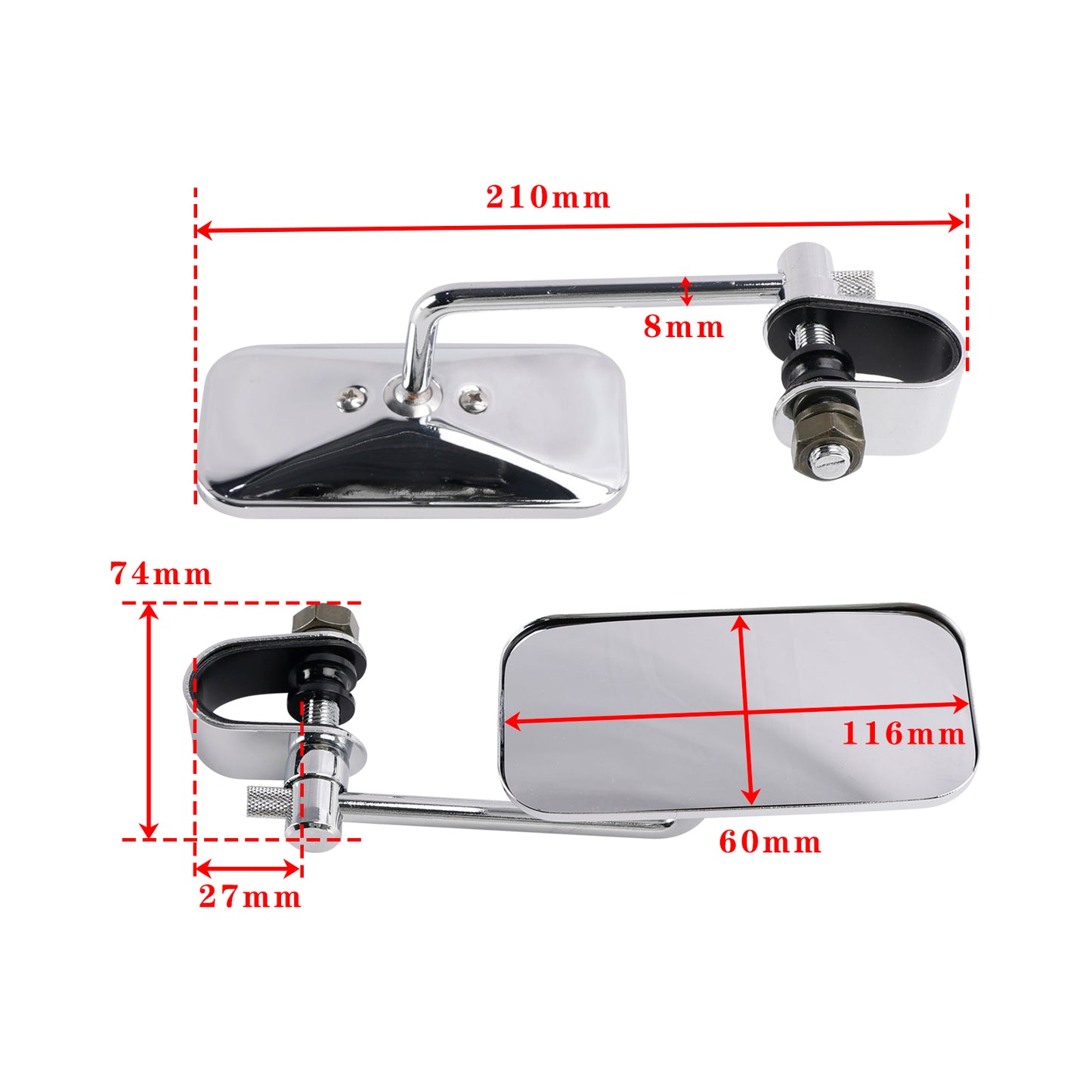 Chrome Retro Retangular Mirrors with clamp For Cafe Racer Bobber Chopper Tracker