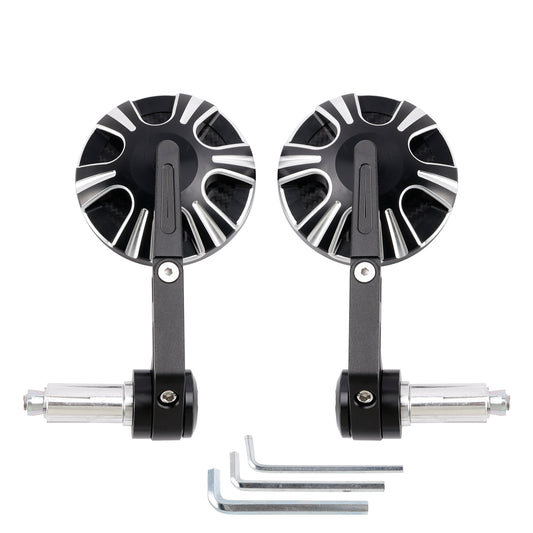 CNC Aluminium Carbon Black 3" Round Bar End Mirror Set 7/8" 1" Universal Fit