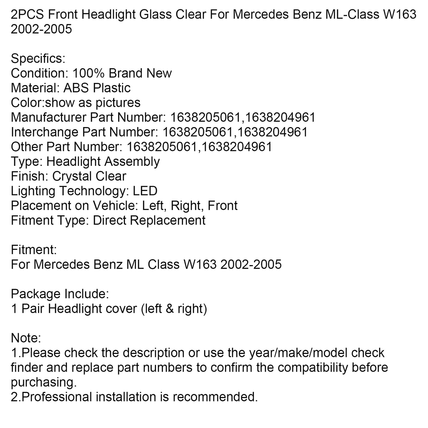 2PCS Front Headlight Glass Clear For Mercedes Benz ML-Class W163 2002-2005