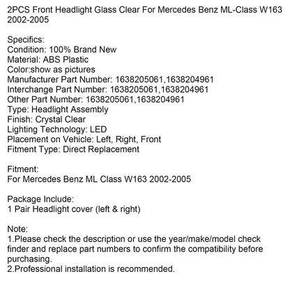 2PCS Front Headlight Glass Clear For Mercedes Benz ML-Class W163 2002-2005
