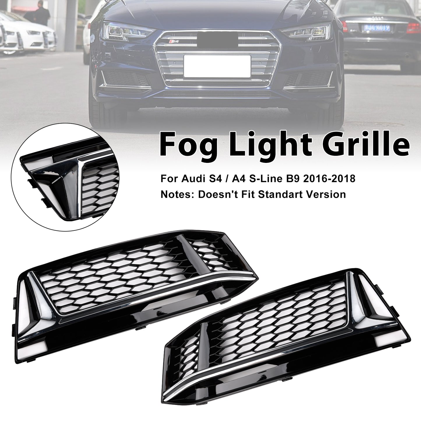 2PCS Fog Light Cover Grille Grill Fit AUDI A4 B9 S-Line S4 2016-2018