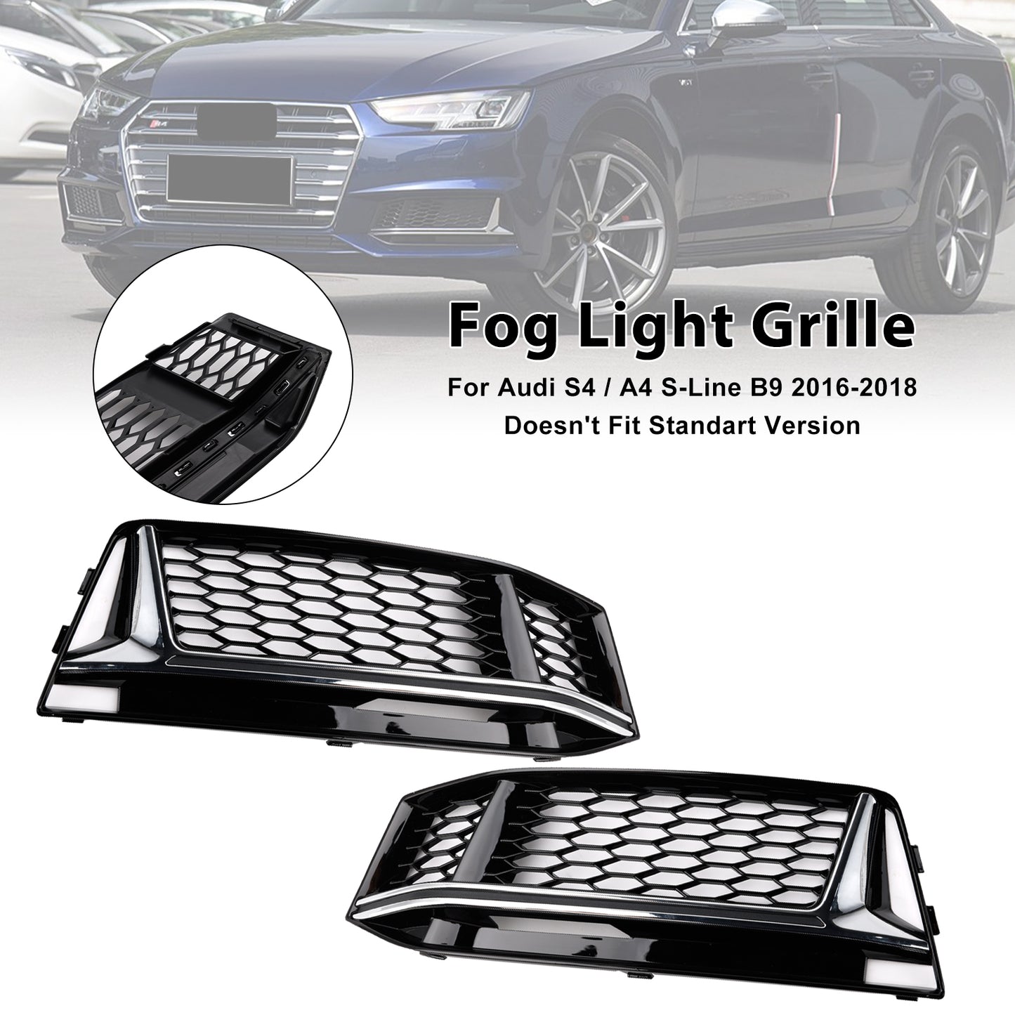 2PCS Fog Light Cover Grille Grill Fit AUDI A4 B9 S-Line S4 2016-2018