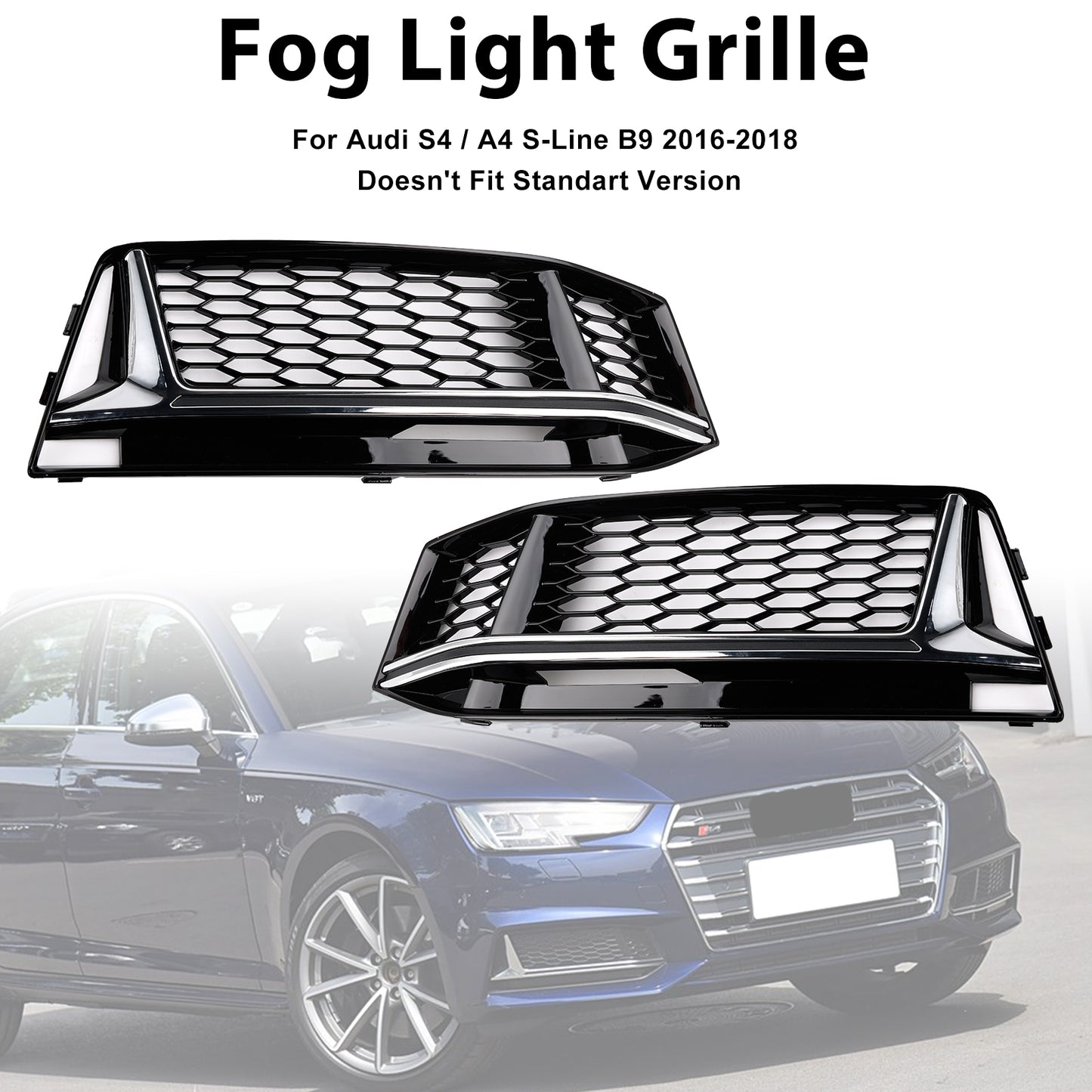2PCS Fog Light Cover Grille Grill Fit AUDI A4 B9 S-Line S4 2016-2018
