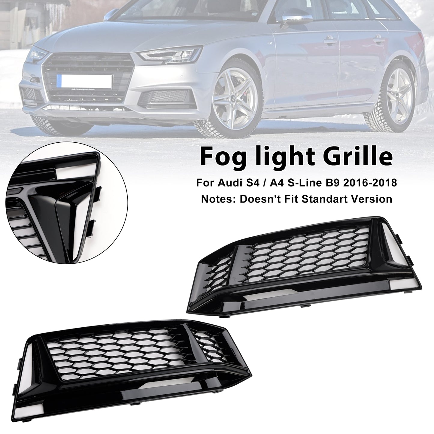 2PCS Fog Light Cover Grille Grill Fit AUDI A4 B9 S-Line S4 2016-2018