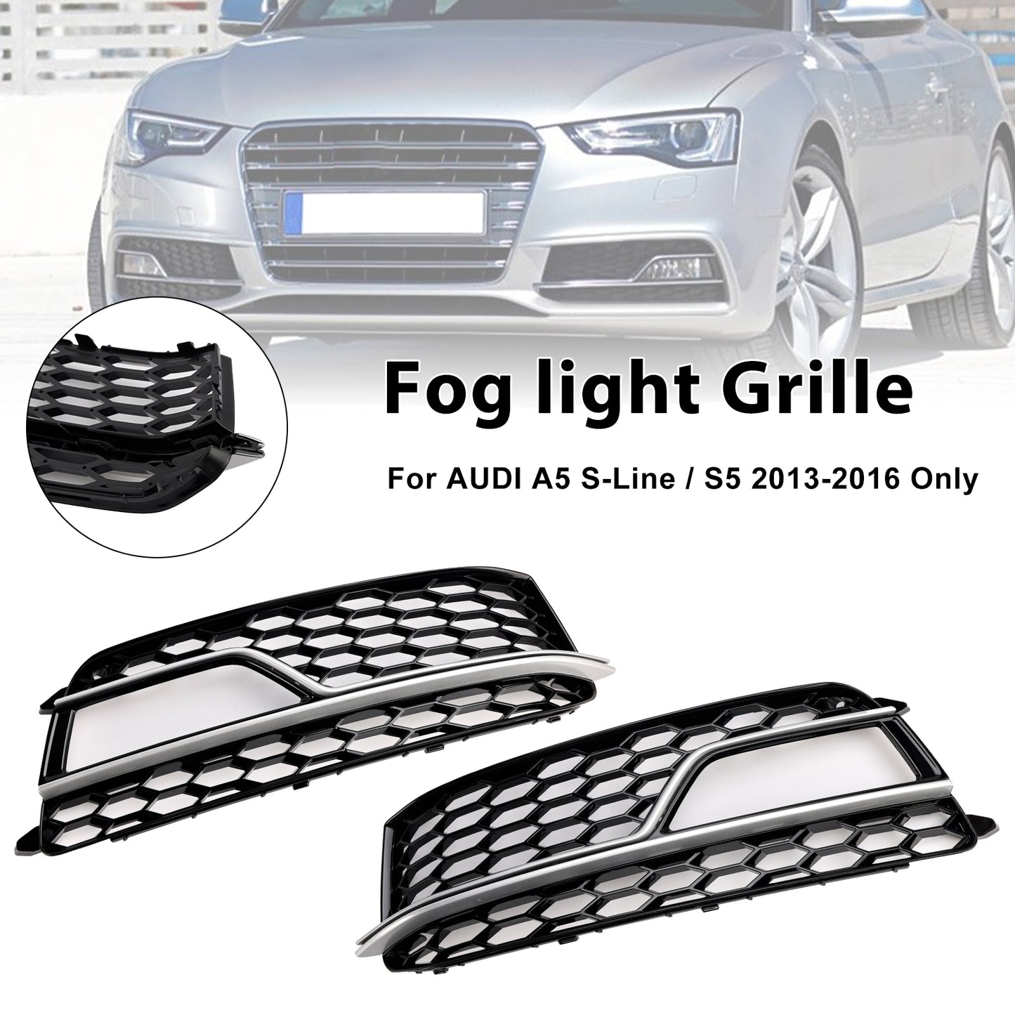 2PCS Front Fog Lamp Black Grill Grille Fit AUDI A5 S-Line S5 2013-2016