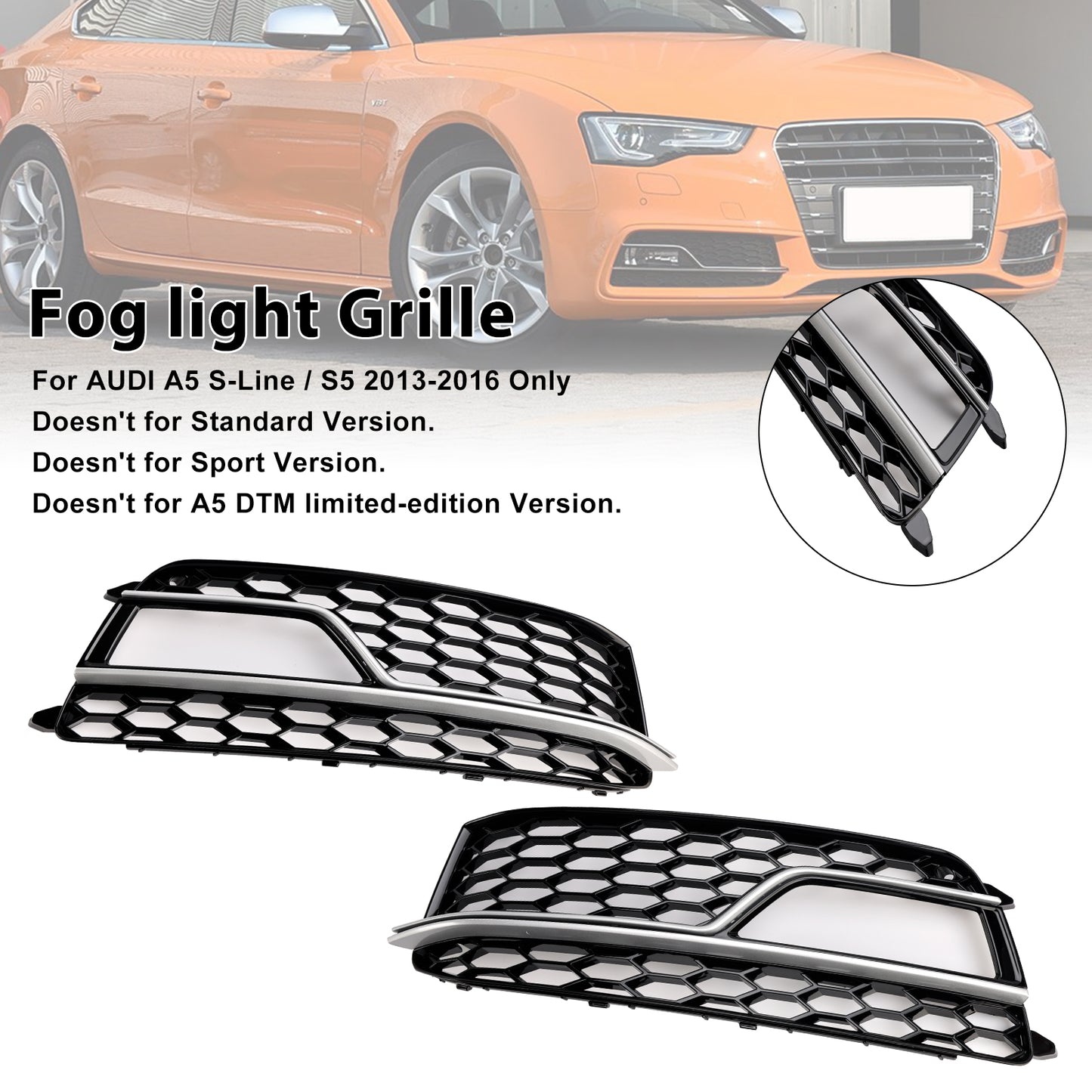 2PCS Front Fog Lamp Black Grill Grille Fit AUDI A5 S-Line S5 2013-2016