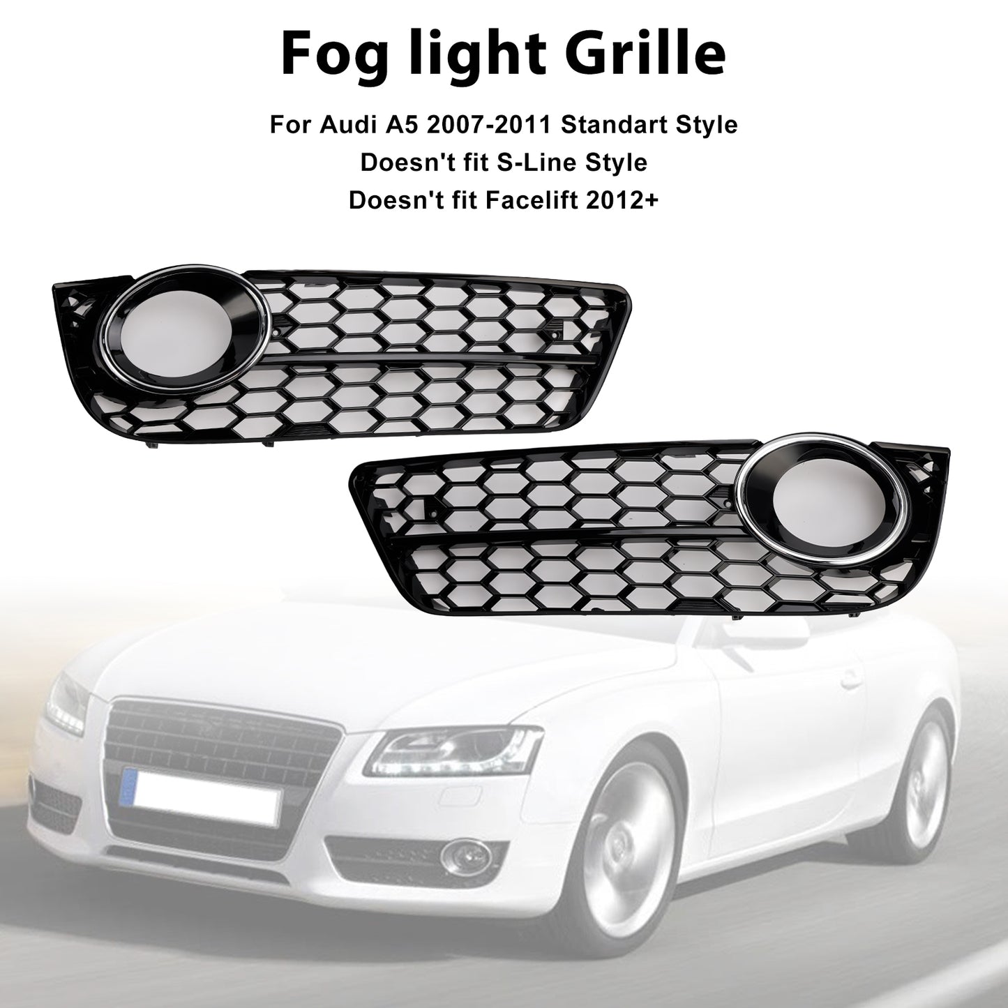 2PCS Honeycomb Front Fog Lamp Cover Grille Grill Fit Audi A5 2007-2011
