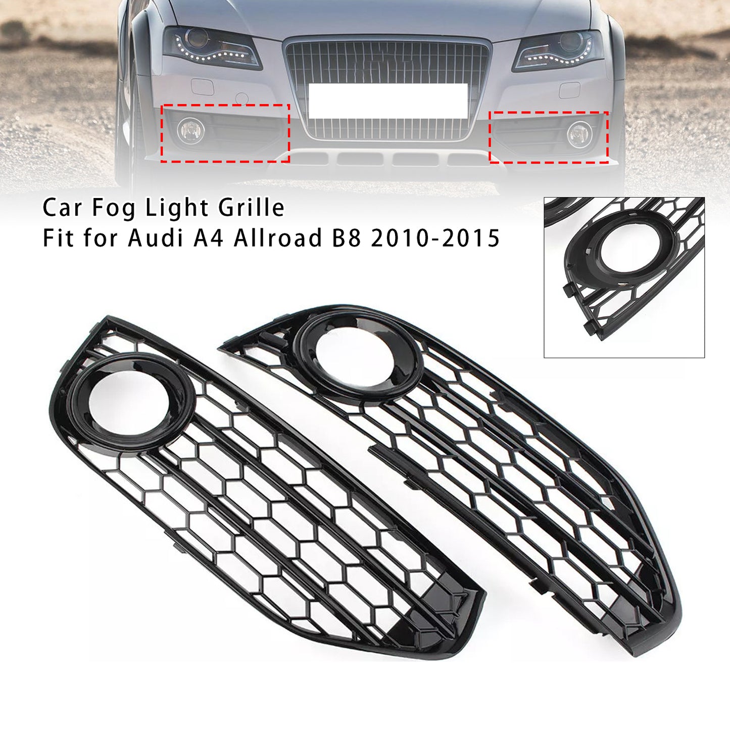 Front Bumper Honeycomb Fog Grille Cover For Audi A4 Allroad B8 2010-2015 Black