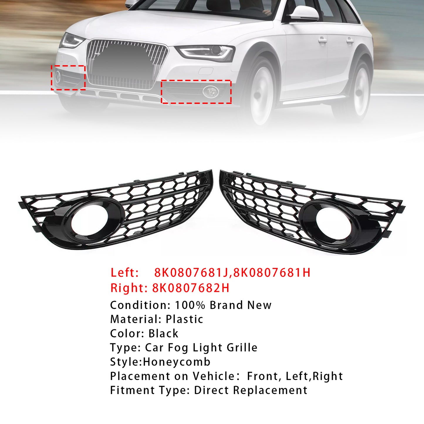 Front Bumper Honeycomb Fog Grille Cover For Audi A4 Allroad B8 2010-2015 Black