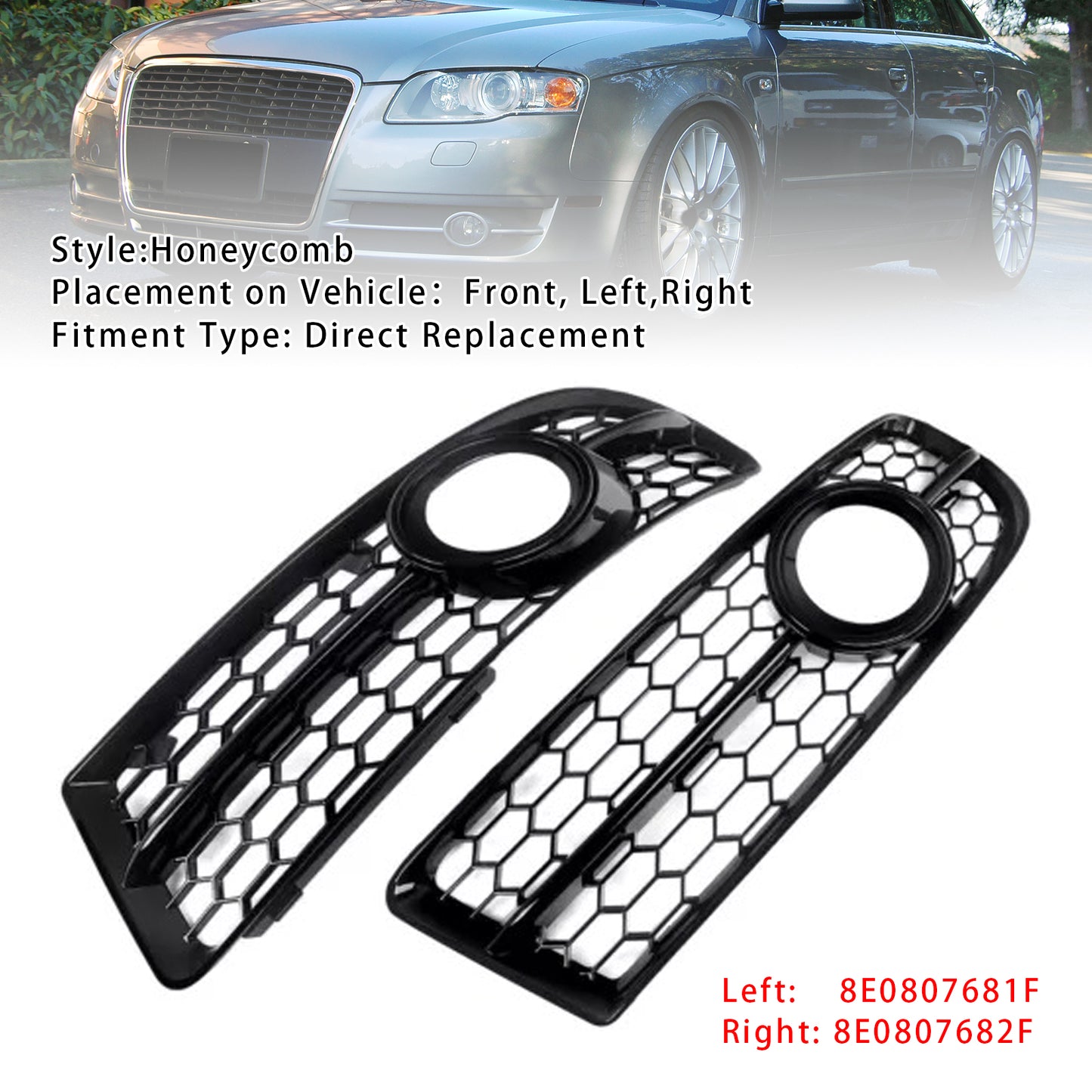 Front Bumper Honeycomb Fog Grille Cover For Audi A4 B7 S-Line S4 2005-2008 Black