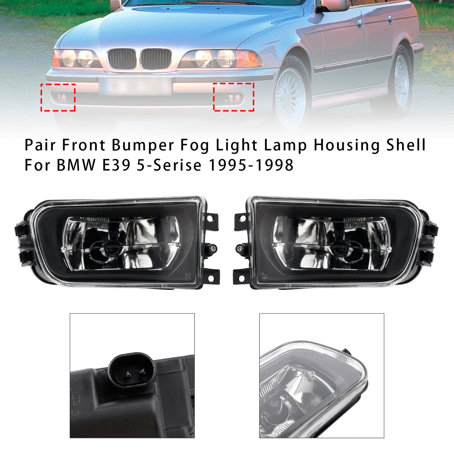 Pair Front Bumper Fog Light Lamp Housing Shell For BMW E39 5-Serise 1995-1998