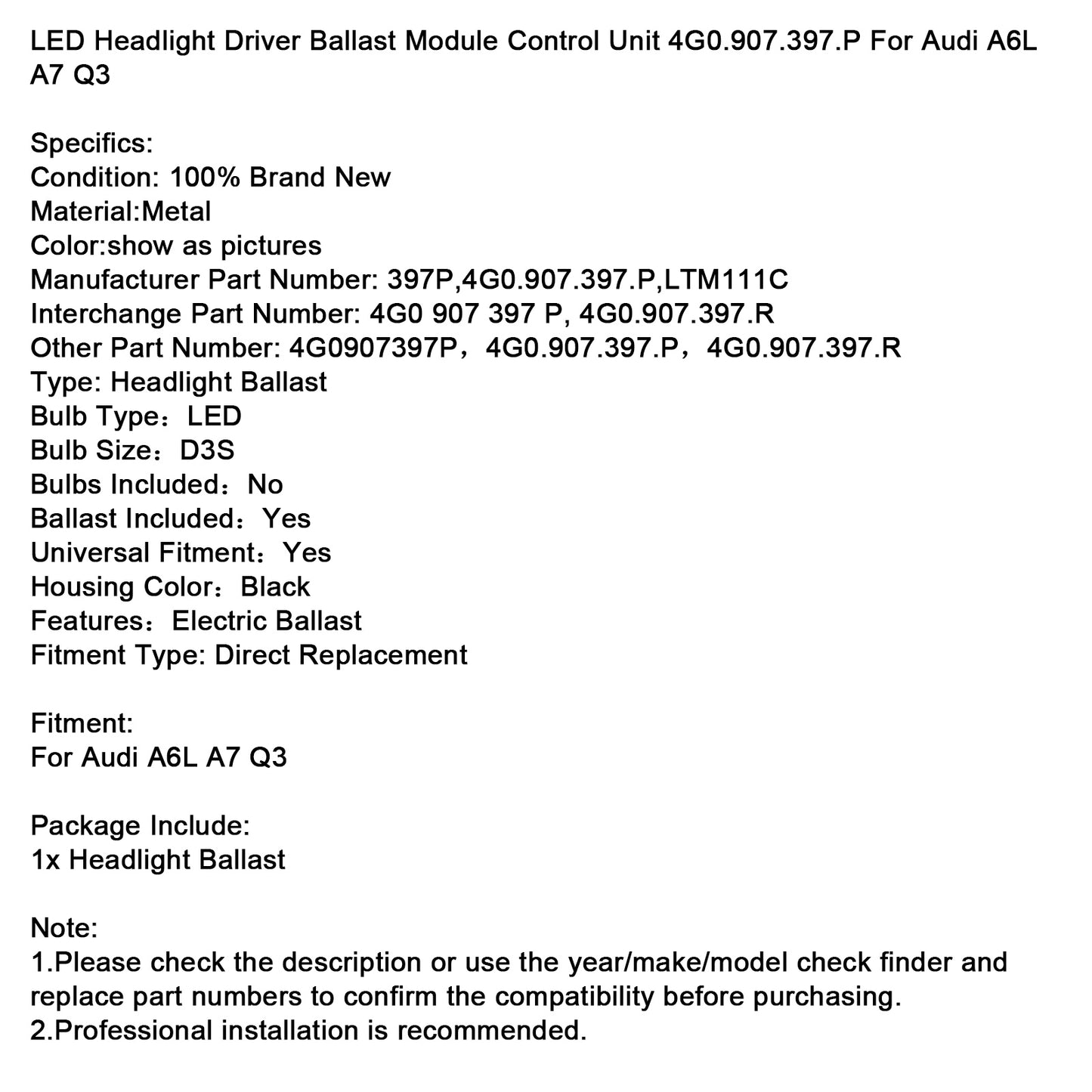 LED Headlight Driver Ballast Module Control Unit 4G0.907.397.P For Audi A6L A7 Q3