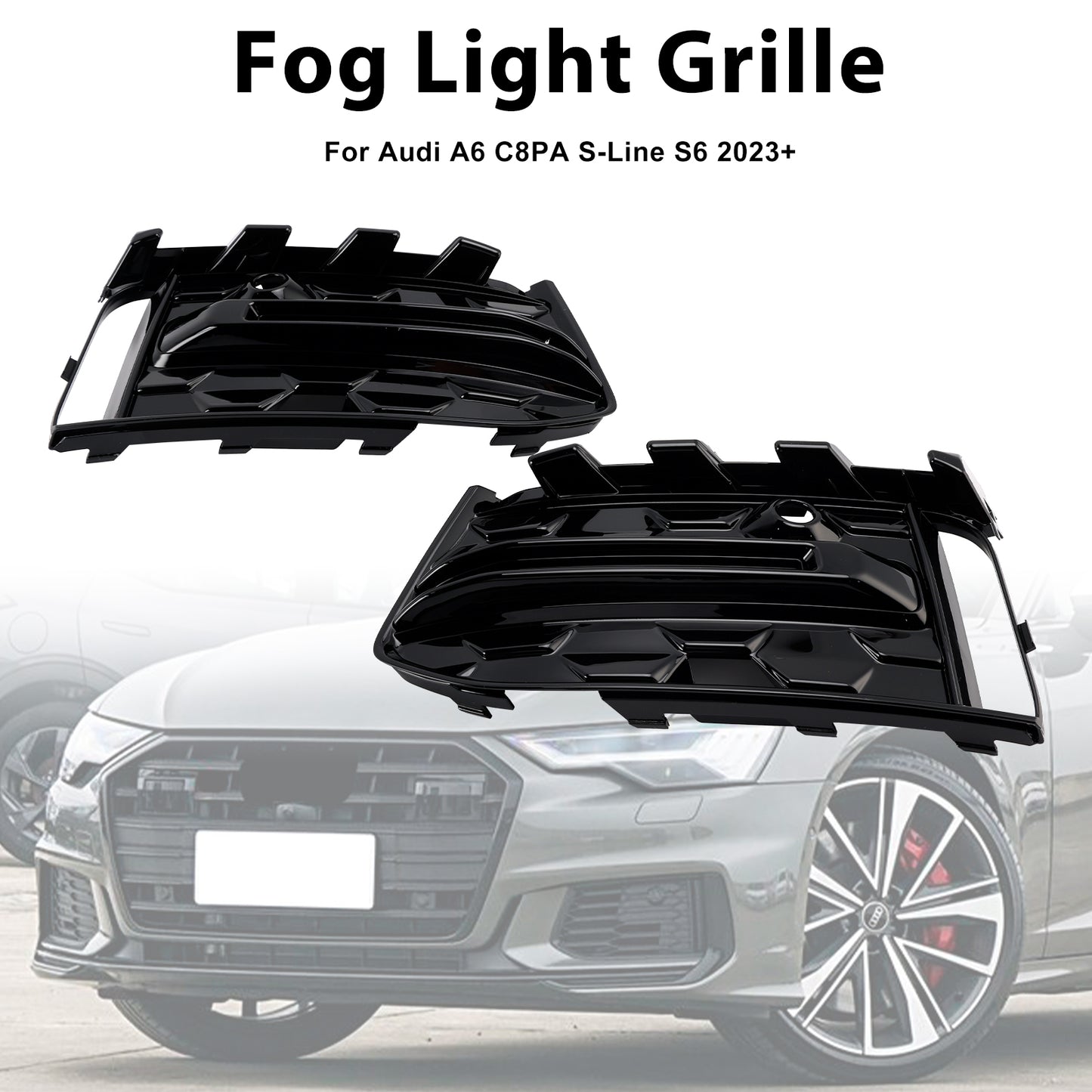 2PCS Front Bumper Fog Light Grille Trim Fit Audi A6L C8PA 2023+ Black