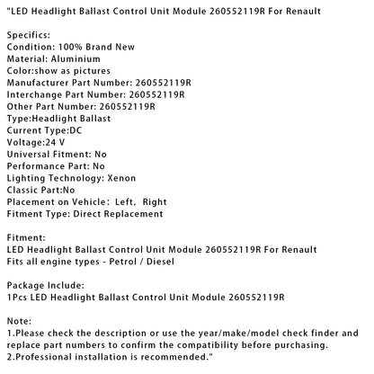 LED Headlight Ballast Control Unit Module 260552119R For Renault