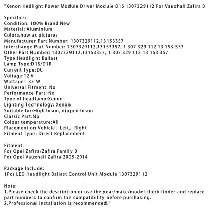 Xenon Hedlight Power Module Driver Module D1S 1307329112 For Vauxhall Zafira B