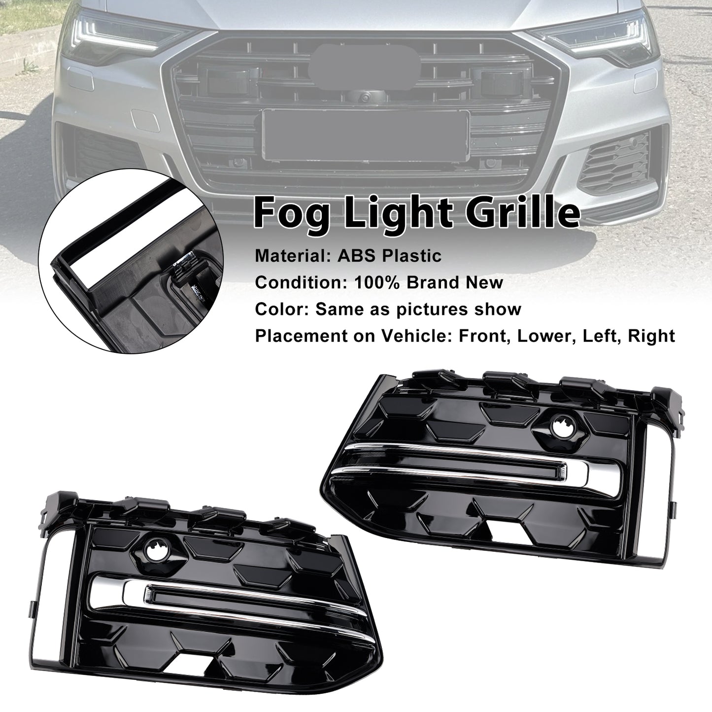 2PCS Front Bumper Fog Light Grille Trim Fit Audi A6L C8PA 2023+ Black Chrome