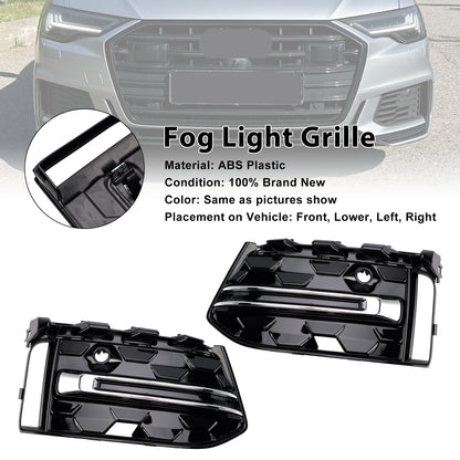 2PCS Front Bumper Fog Light Grille Trim Fit Audi A6L C8PA 2023+ Black Chrome