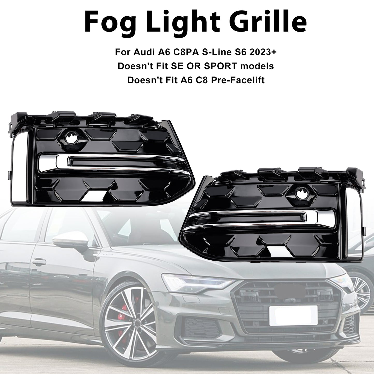 2PCS Front Bumper Fog Light Grille Trim Fit Audi A6L C8PA 2023+ Black Chrome