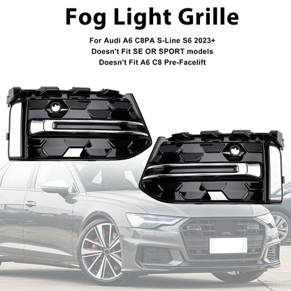 2PCS Front Bumper Fog Light Grille Trim Fit Audi A6L C8PA 2023+ Black Chrome