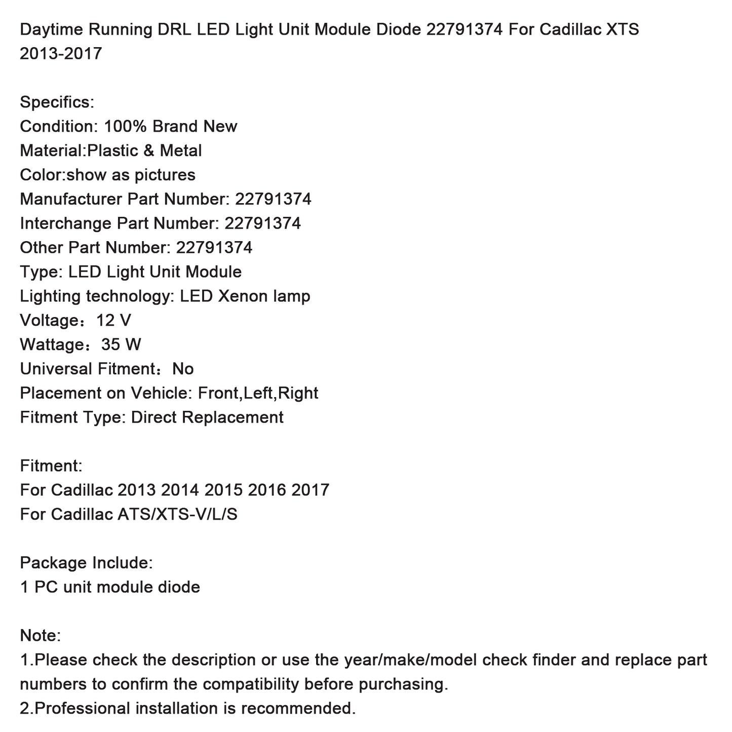 Daytime Running DRL LED Light Unit Module Diode 22791374 For Cadillac XTS 2013-2017
