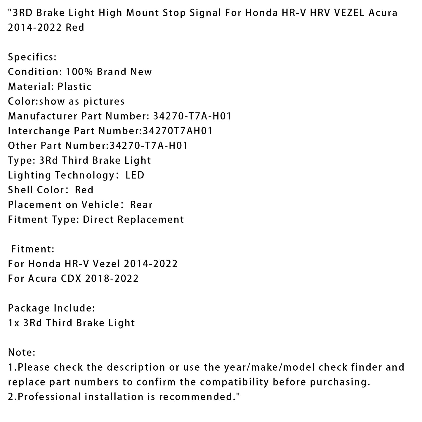 3RD Brake Light High Mount Stop Signal For Honda HR-V HRV VEZEL Acura 2014-2022 Red