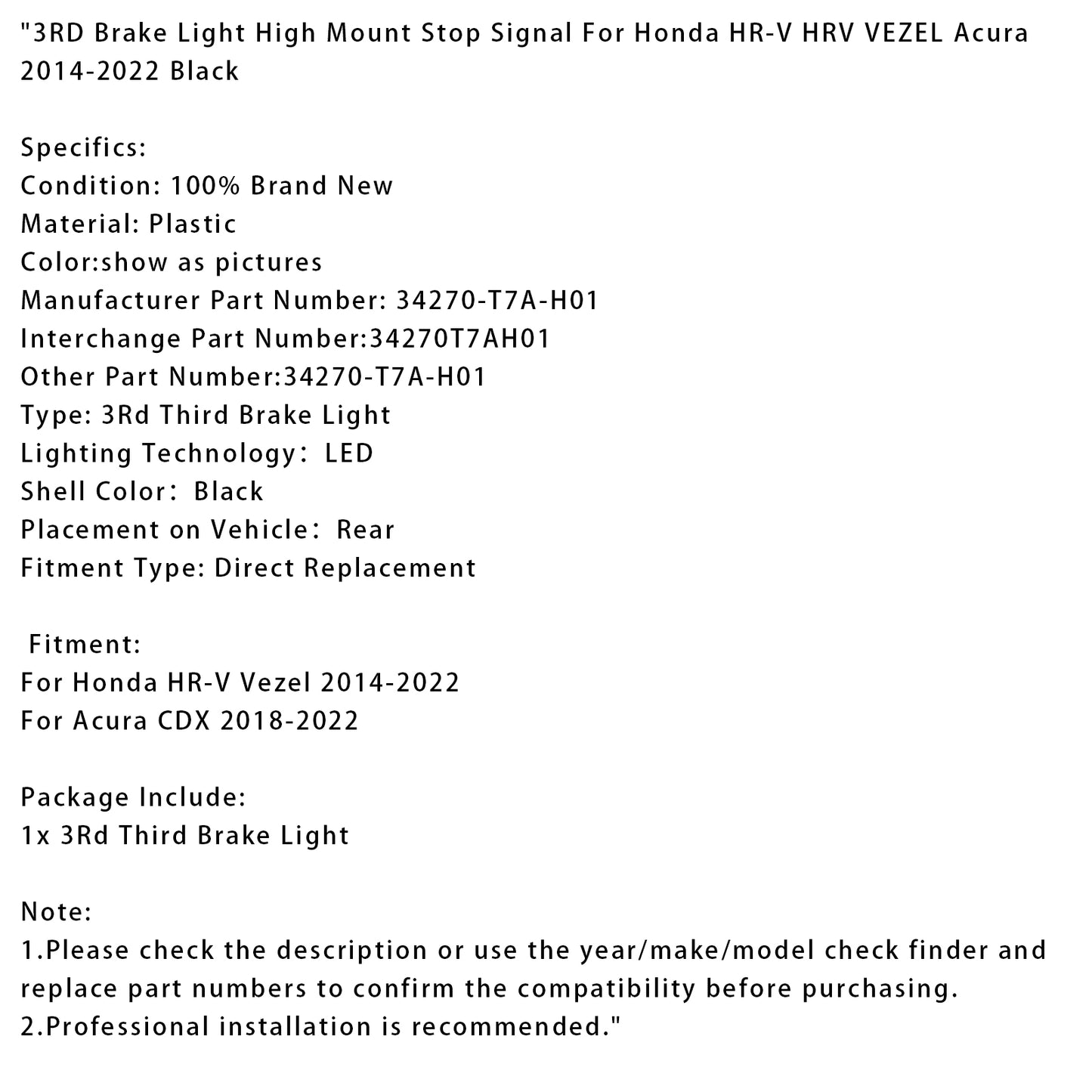 3RD Brake Light High Mount Stop Signal For Honda HR-V HRV VEZEL Acura 2014-2022 Black