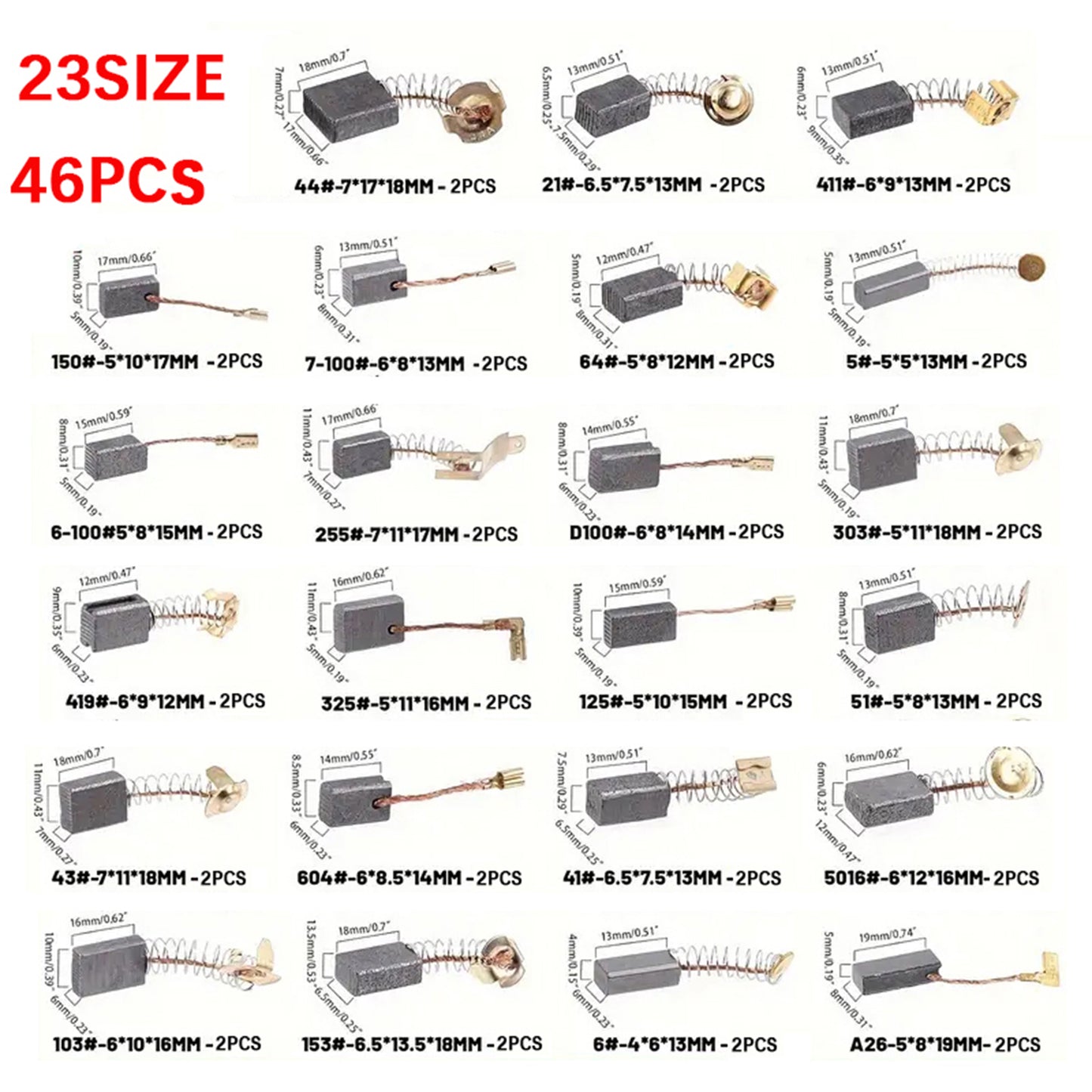 46Pcs 23 Sizes Electric Motor Carbon Brushes Replacement For Power Tool