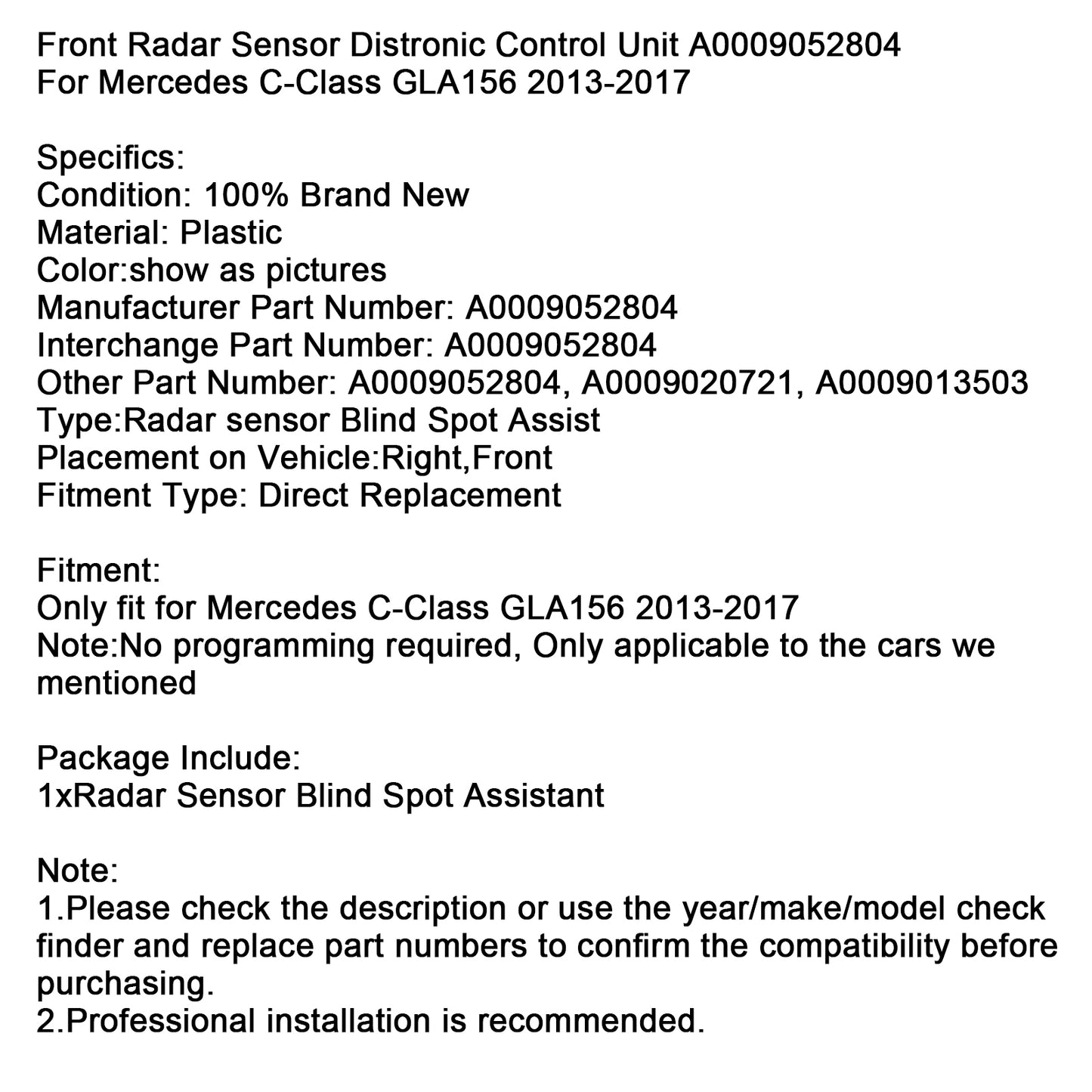 Front Radar Sensor Distronic Control Unit A0009052804 For Mercedes C-Class GLA156 2013-2017