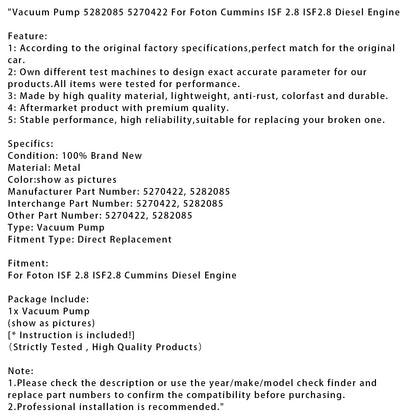 Vacuum Pump 5282085 5270422 For Foton Cummins ISF 2.8 ISF2.8 Diesel Engine