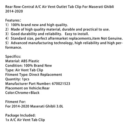 Maserati Ghibli 2014-2020 Rear Row-Central A/C Air Vent Outlet Tab Clip 670021523