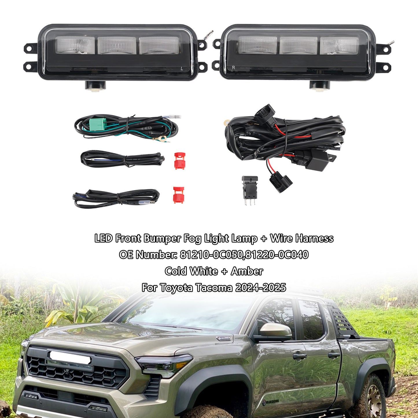 2024-2025 Toyota Tacoma LED Front Bumper Fog Light Lamp + Wire Harness