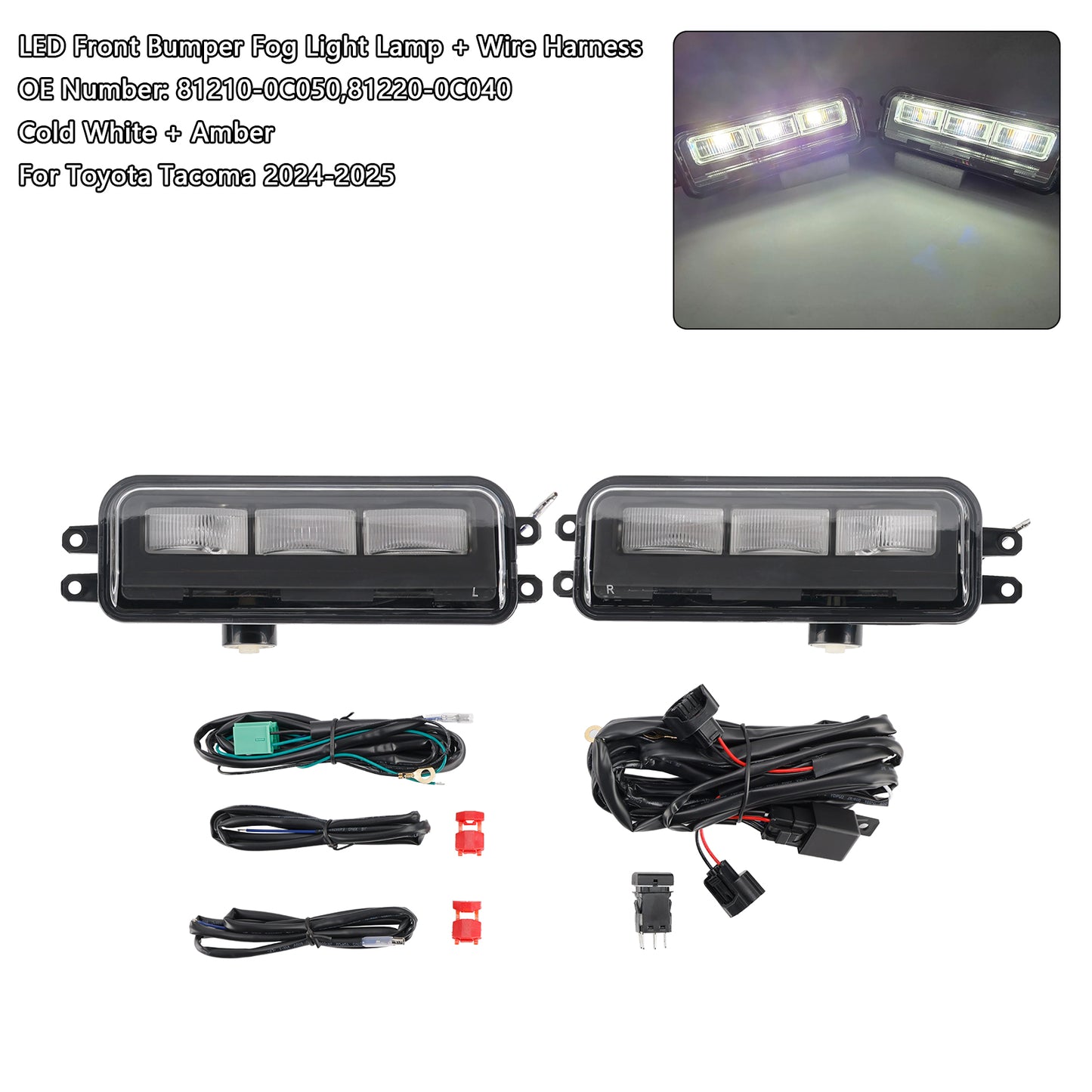 2024-2025 Toyota Tacoma LED Front Bumper Fog Light Lamp + Wire Harness
