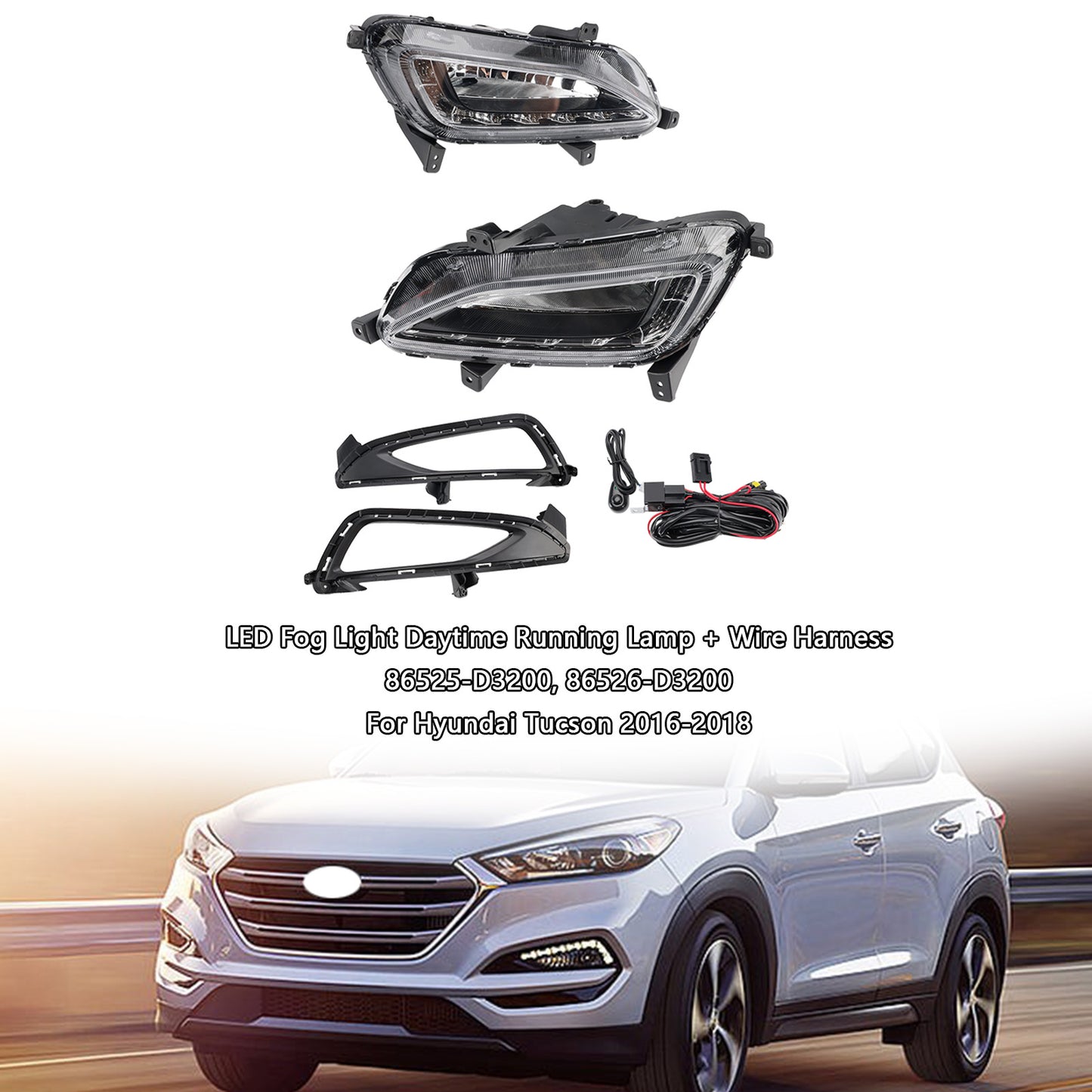 Hyundai Tucson 2016-2018 LED Fog Light Daytime Running Lamp + Wire Harness