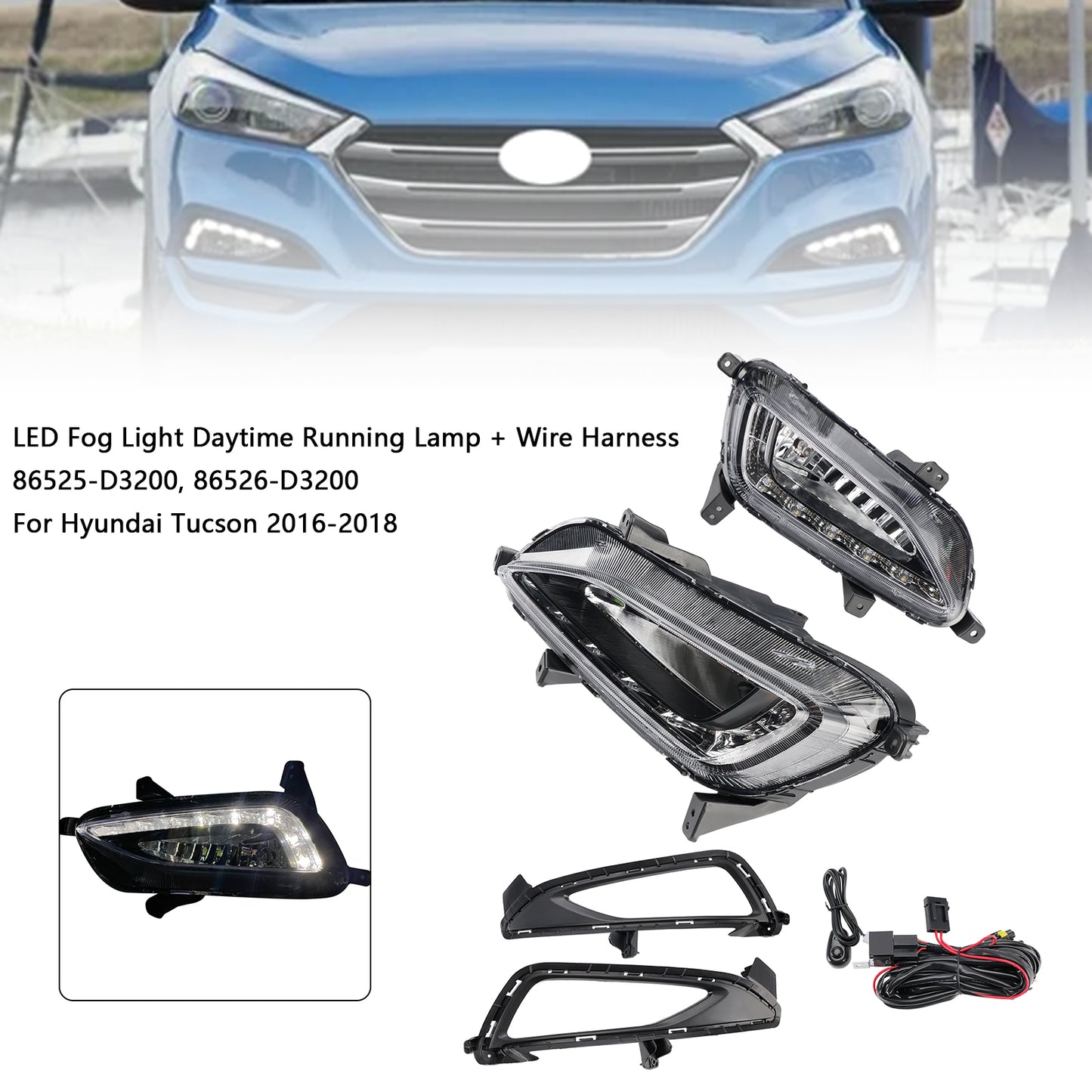 Hyundai Tucson 2016-2018 LED Fog Light Daytime Running Lamp + Wire Harness