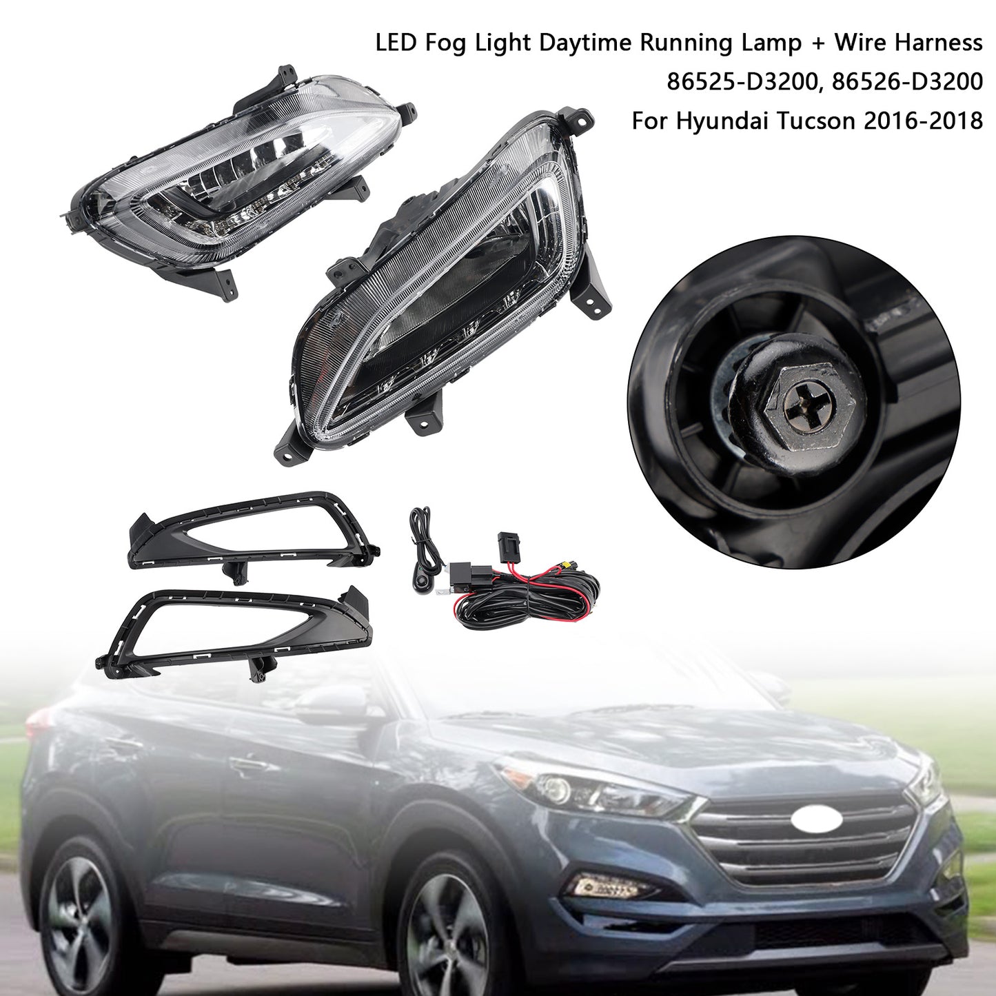 Hyundai Tucson 2016-2018 LED Fog Light Daytime Running Lamp + Wire Harness