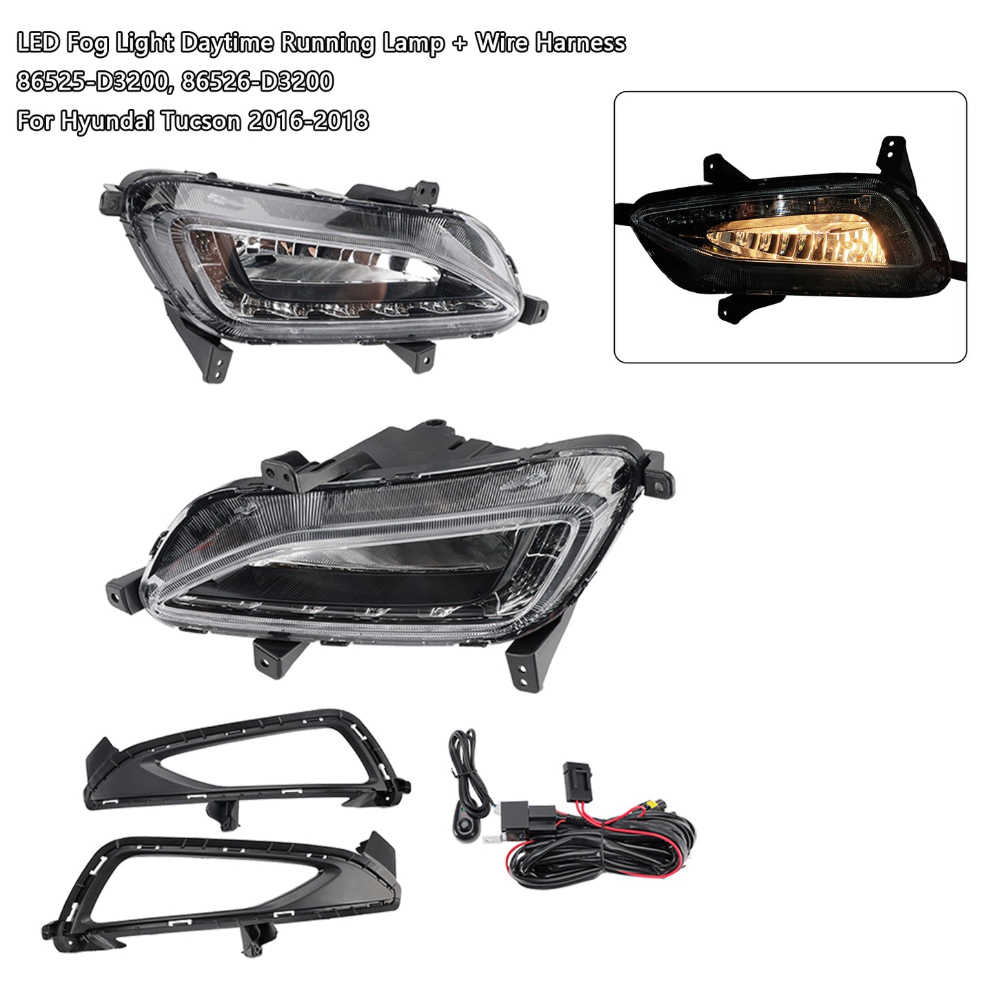 Hyundai Tucson 2016-2018 LED Fog Light Daytime Running Lamp + Wire Harness