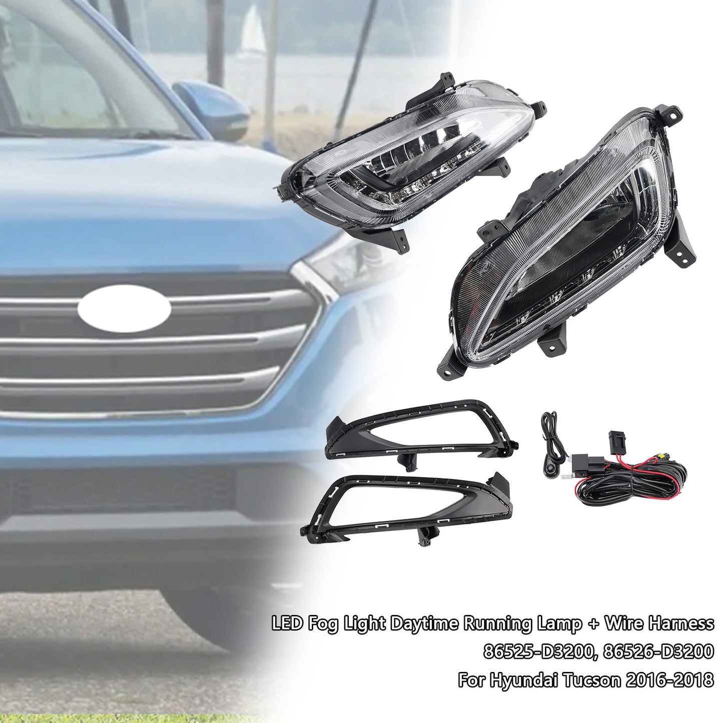 Hyundai Tucson 2016-2018 LED Fog Light Daytime Running Lamp + Wire Harness